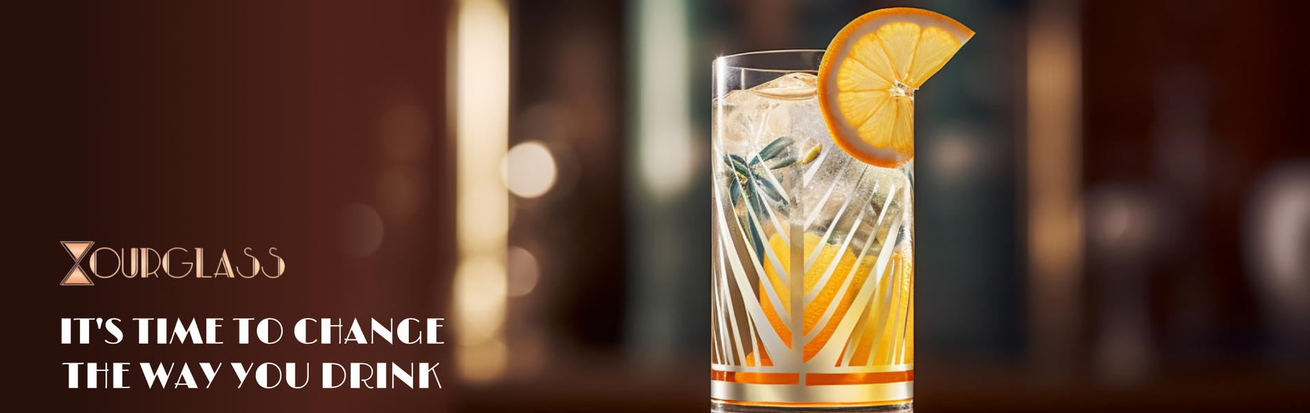Ourglass advertisement with a highball glass containing an orange slice and beverage, captioned ‘It’s time to change the way you drink. Cannabis-infused beverage enhancer.