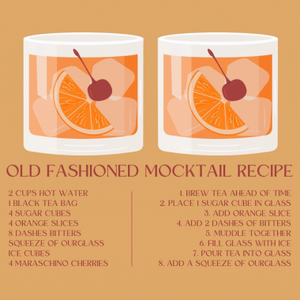 Old fashioned mocktail recipe with orange slices and cherries, featuring ingredients and step-by-step instructions for a refreshing non-alcoholic beverage.