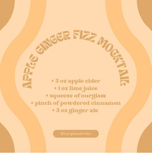 Apple ginger fizz mocktail recipe with ingredients including apple cider, lime juice, ginger ale, and powdered cinnamon, displayed on an orange wavy background.