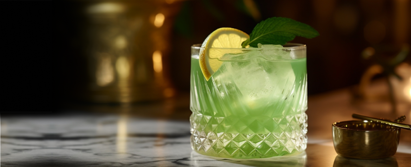 OURGLASS vibrant green cocktail with lemon and mint garnish, ideal for promoting delta 9 seltzer and thc beverage in a refreshing mix.