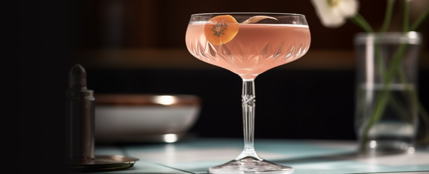 OURGLASS elegant pink cocktail in a coupe glass, ideal for featuring delta 9 thc drinks and thc wine in a refined and stylish setting.